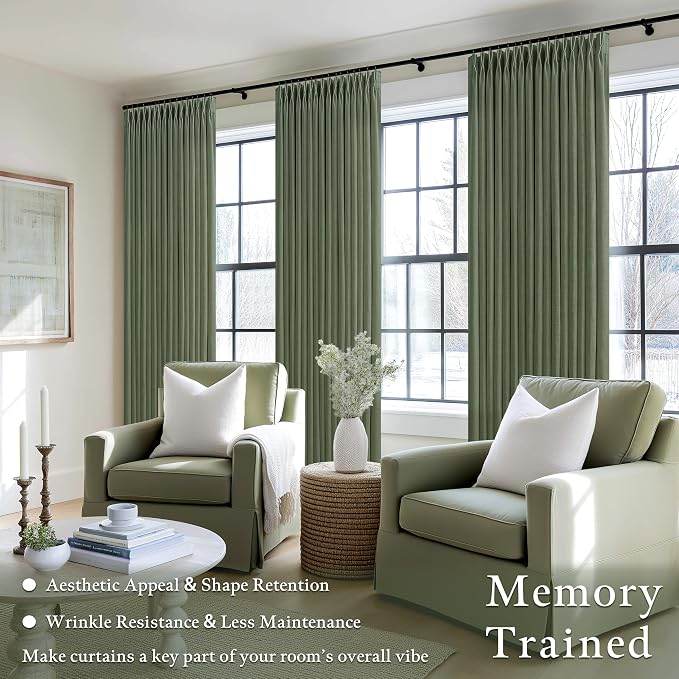 84 Inch Linen Pleated Dark Olive Green Light Filtering Country Curtains 50W | - Image 2