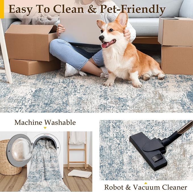 PureCozy Blue 4x6 Area Rug Washable Abstract Office Carpet Modern Neutral Non - Image 5