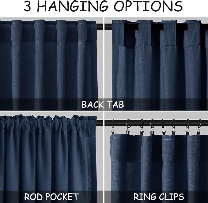 Nanspring Denim Blue Linen Curtains 90 Inch Long 2 Panels Set - Image 2