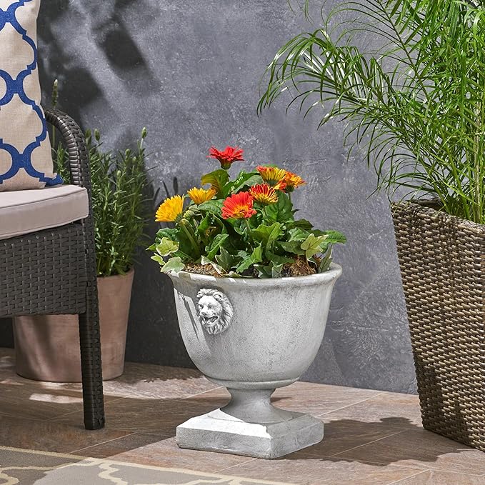 Christopher Knight Home Jorine Light Concrete Planter, Patio Planter, Large Garden Pot, Mid-Centry Gadern Urn, Lionhead Accent Plant Pot, Flower Urn with Drainage Hole for Backyard Home, Antique White
