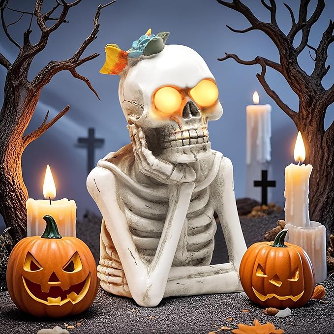 Halloween Skeleton Light Statue, Scary Resin Skull Figurines with Light Up Eyes Decorations for Home Table Kitchen Party Battery Operated Skull Lighting Changes Decor