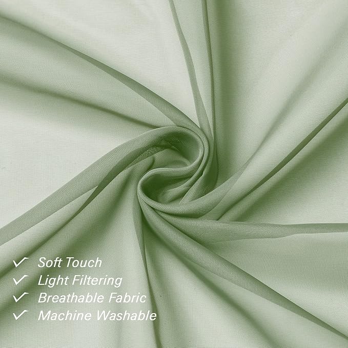 Sage Green Sheer Curtains 45 Inch Long 2 Panels, Short Voile Drapes - Image 3
