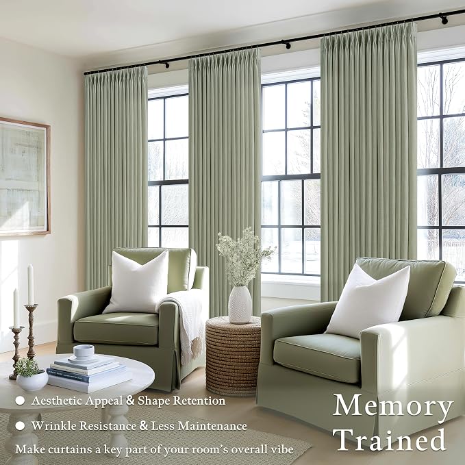 105 Inch Semi Sheer Light Green Pleated Linen Country Curtains W50xL105 | Sage - Image 2