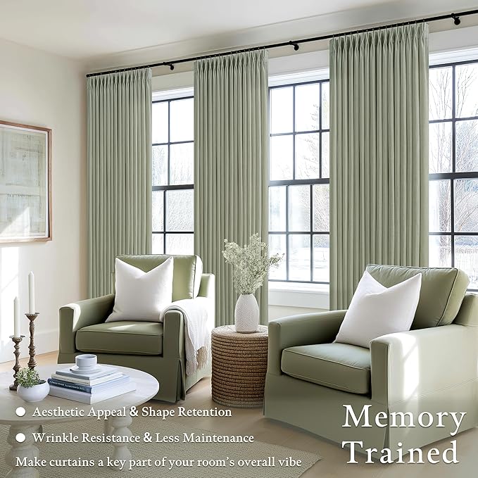 108 Inch Pinch Pleated Light Filtering Linen Memory Trained Green Curtains | - Image 2
