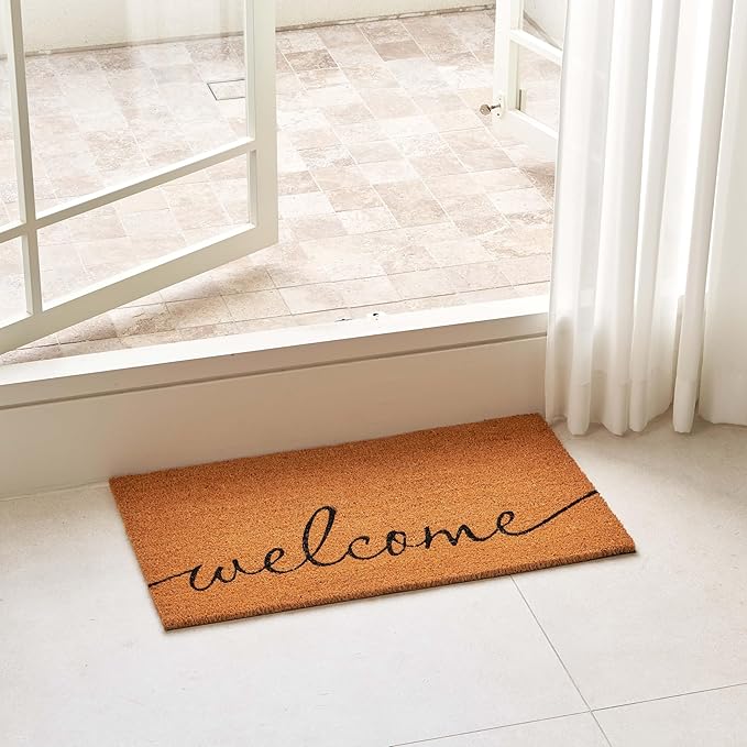 KANKUN Coco Coir Door Mat with Heavy Duty Backing, Welcome Doormat (17" x 30"), Doormat Entrance (Welcome1)