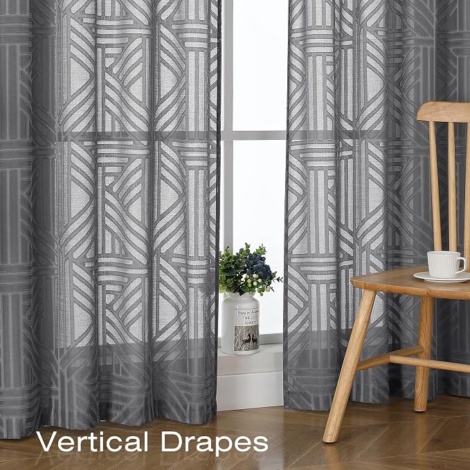 Simplebrand Grey Semi Sheer Curtains 45 Inch Length 2 Panels, Geometric - Image 5