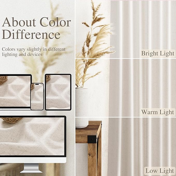 Beige Linen Curtains 108 Inches Long 2 Panels Back Tab Rod Pocket Modern - Image 4