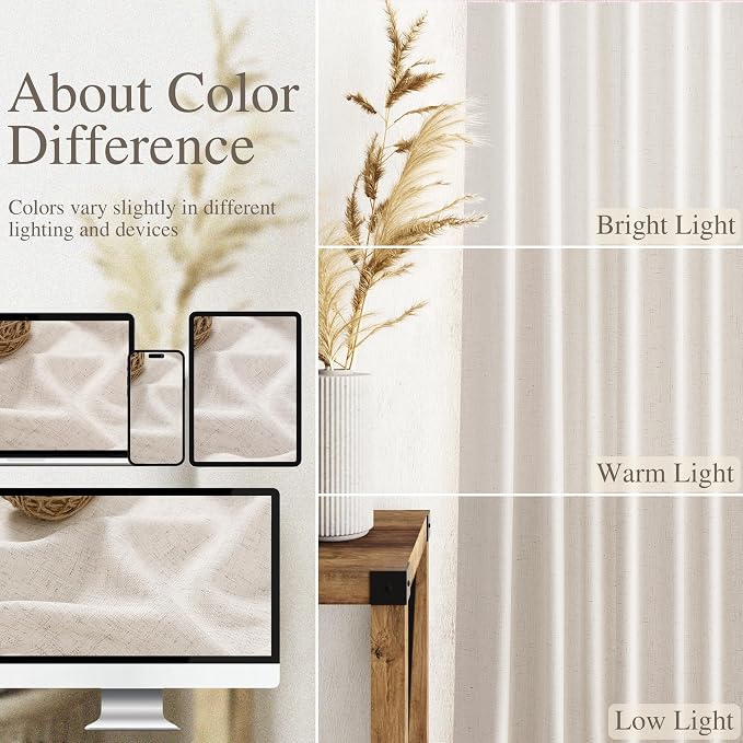 Beige Linen Back Tab Curtains for Bedroom 64 Inch Length 2 Panels Set Neutral - Image 3