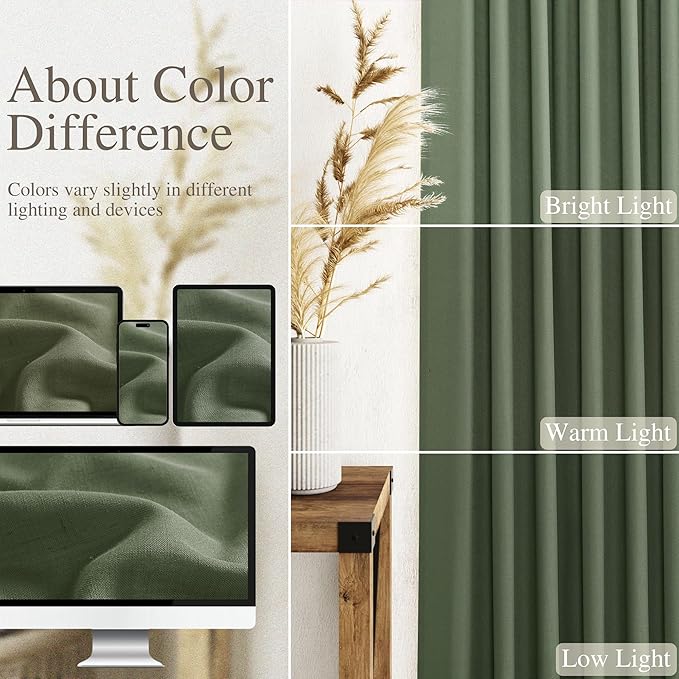 Olive Green Linen Curtains for Living Room 2 Panels Set 144 Inch Length Back - Image 4