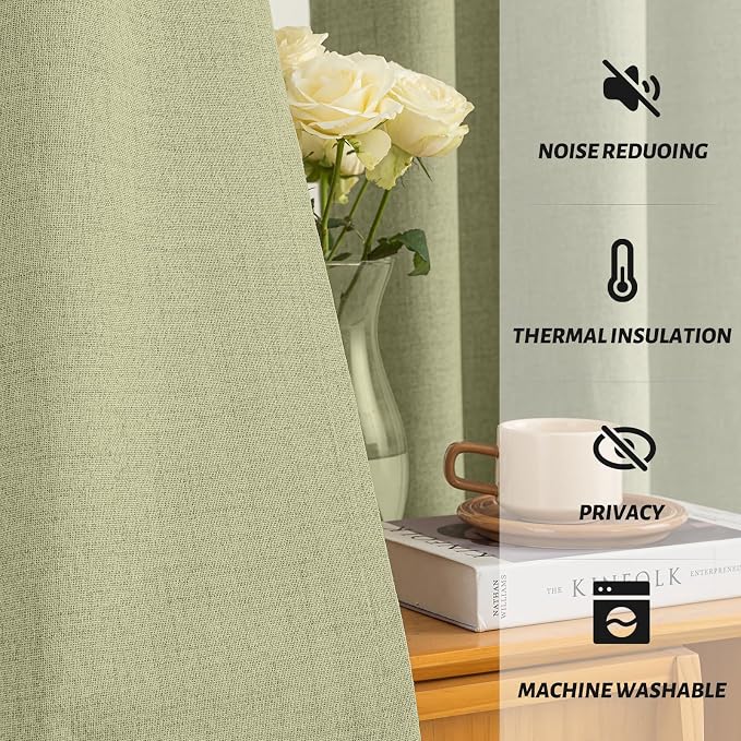 Yakamok Sage Green Linen Curtains 100% Blackout 72 Inches Long, Room Darkening - Image 5