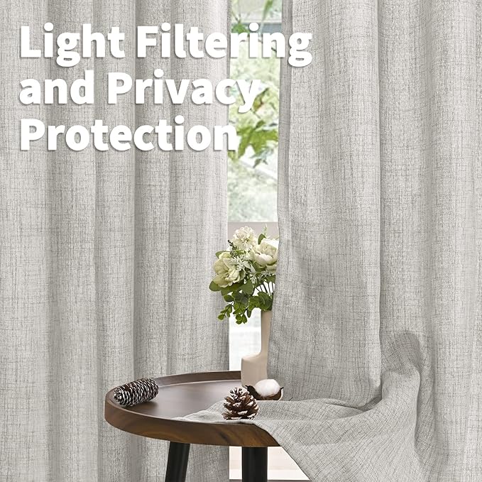 Extra Long Grey Linen Semi Sheer Curtains 102 Inch Length 2 Panels | Light - Image 3