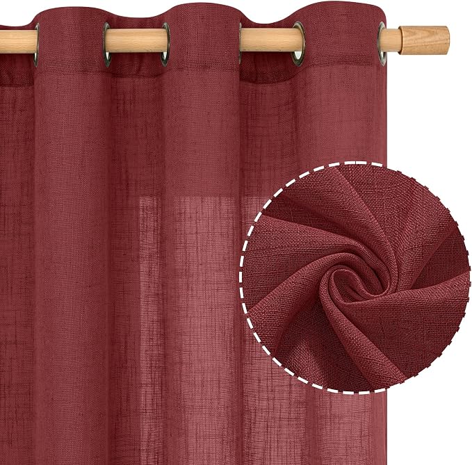 Burgundy Red Semi Sheer Linen Curtains 45 Inches Long, Light Filtering Panels - Image 2