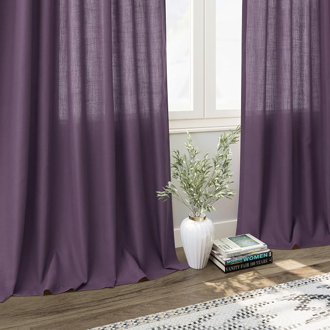 Plum Linen Curtains 102 Inches Long Rod Pocket Back Tab Drapes 2 Panels Set - Image 6