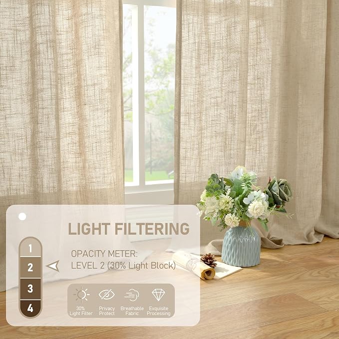 63 Inch Sheer Linen Window Curtains, Light Filtering Panels, Rod Pocket Back Tab - Image 4