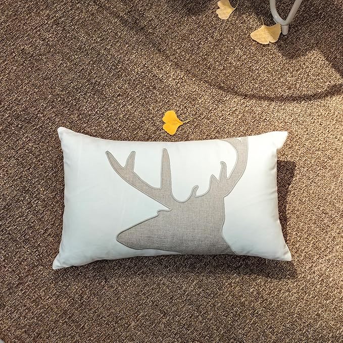 Lumbar Pillow Covers 12x20 Inches Deer Decorative Cotton Linen Deer Head Throw Lumbar Waist Embroidered Cushions Covers for Couch Sofa Bedroom White