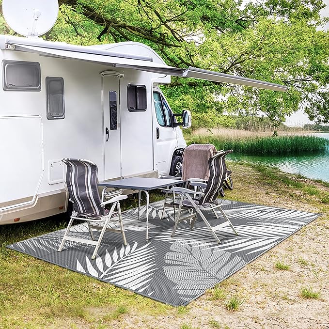 GENIMO Outdoor Rug 5' x 8' Waterproof for Patios Clearance, Reversible Plastic Straw Camping Carpet, Large Area Rugs Mats for RV, Picnic, Backyard, Deck, Balcony, Porch, Beach, Grey&White