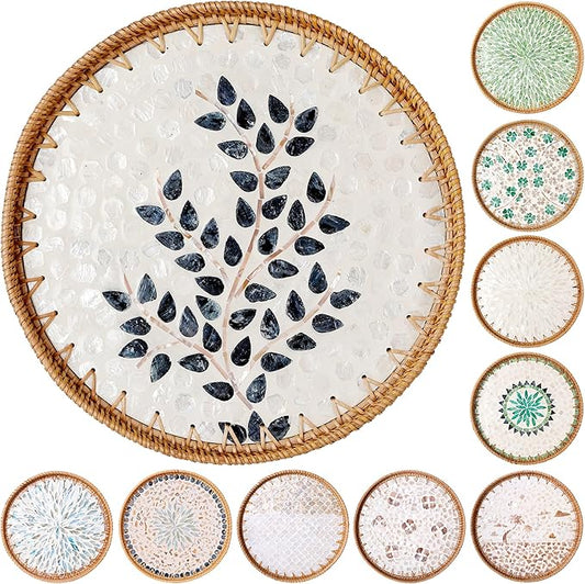 Round Rattan Tray with Mother of Pearl Inlay & Wooden Base - Decorative Wicker Serving Tray for Coffee/Bread/Fruits, Food Storage & Display - Multipurpose Home Decor (L,Little Tree)