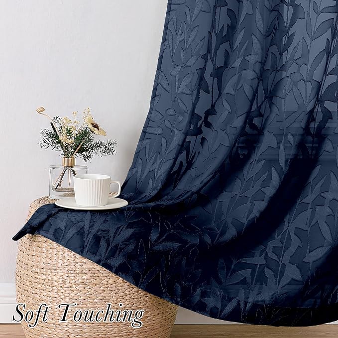 Lecloud Leia Jacquard Textured Sheer Navy Blue Curtains 72 Inches Long 2 Panels - Image 7