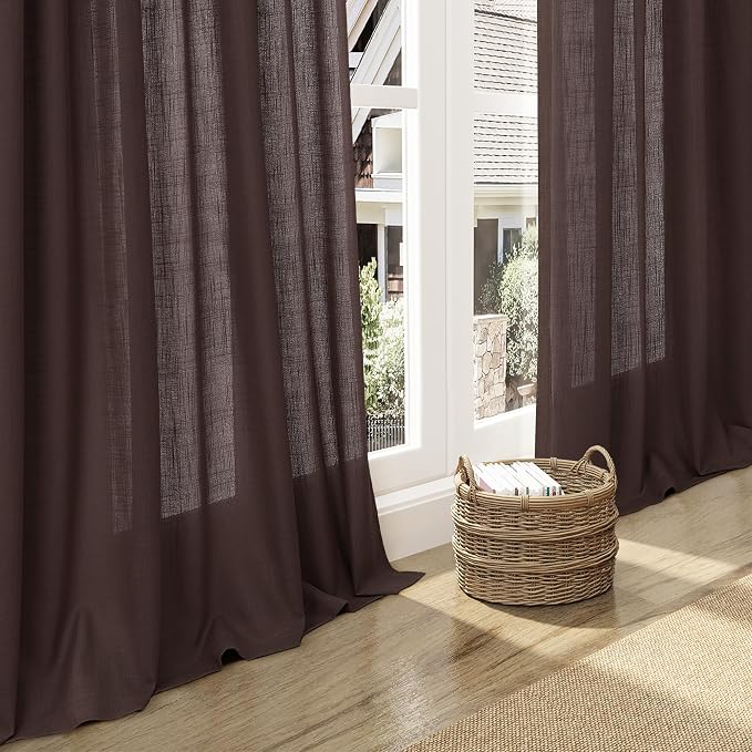 Coffee Linen Semi Sheer Curtains 108 Inches Long 2 Panels Set Back Tab Loop - Image 6