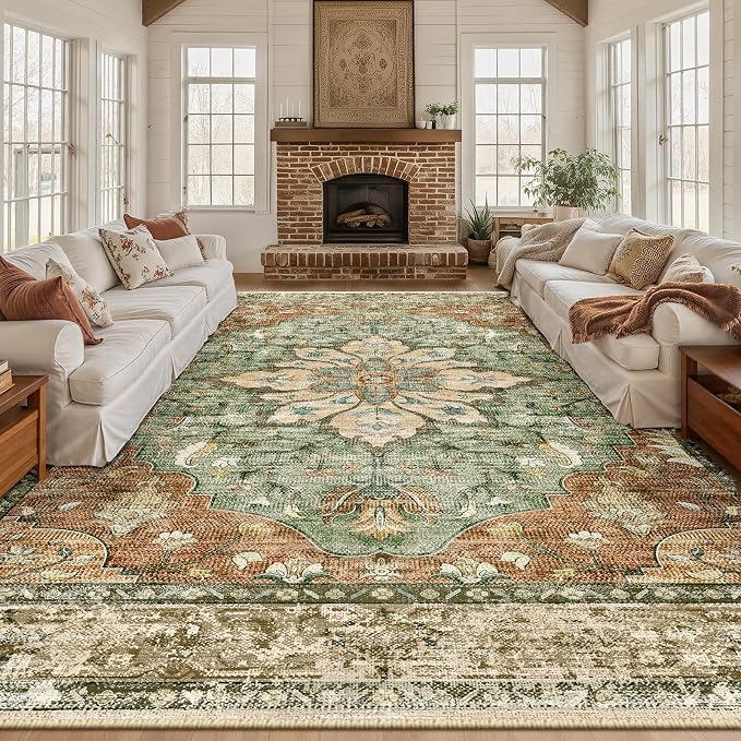 Area Rugs 9'x12' Washable Non-Slip, Floral Vintage Distress Print Pattern by RELEANY