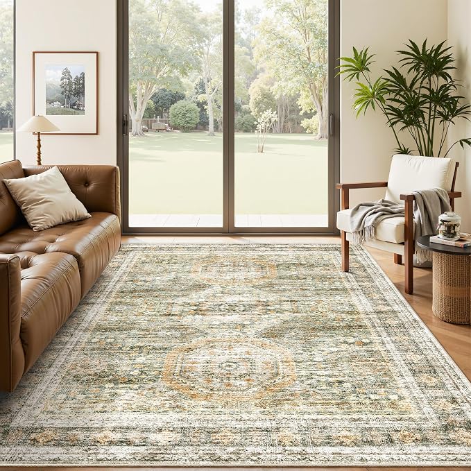 5x7 Area Rugs Green Orange Low Pile Indoor Washable Trendy Faded Style Rugs by Soalmost