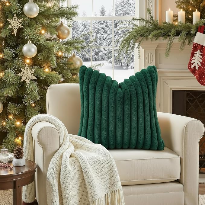 decorUhome Fall Faux Fur Throw Pillow Covers 26x26 Set of 2 Christmas Green | - Image 4