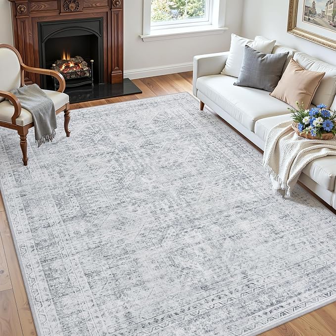 4x6 Area Rugs Living Room: Bedroom Neutral Washable Carpet Gray | Vintage Boho - Image 3