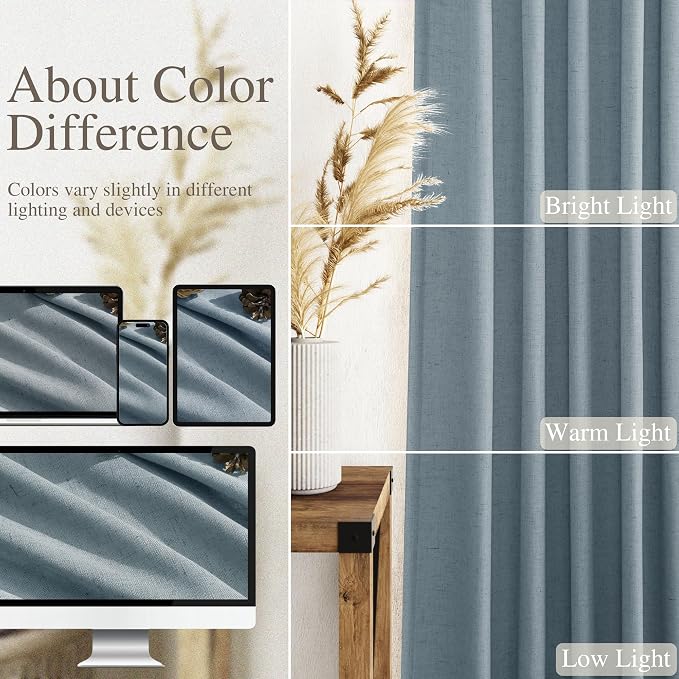 Light Blue Linen Curtains 102 Inches Long Rod Pocket Back Tab Drapes 2 Panels - Image 3