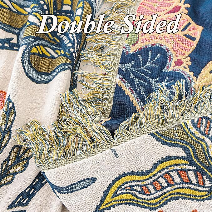 Snycler Boho Throw Blanket for Bed, 100% Organic Cotton Muslin Soft Throw-Floral Farmhouse Rustic Spring Summer Fall Decor Blanket for Couch Sofa Quilt and Gift, 80" x 90" White