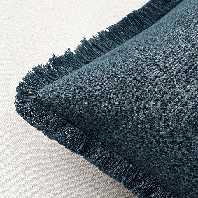 MIULEE Boho Linen Fringe Decorative Throw Pillow Covers Navy Blue 20x20 | Set - Image 3
