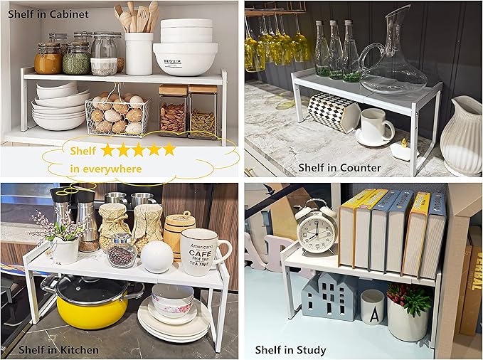 Expandable Cabinet Shelf Organizer 16-26" L Stackable Kitchen Counter Shelf Rack Stand Sink Riser Countertop Storage White (Normal 7.9”D)
