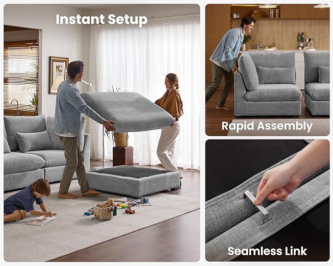 Oversized Modular Sofa, Extra Deep Cloud Chenille Sectional Couch with Ottoman Chaise, Fluffy Chenille 6 Seat U-Shaped Sofa for Living Room, Villa (U Shape 6 Seater, Chenille Grey)