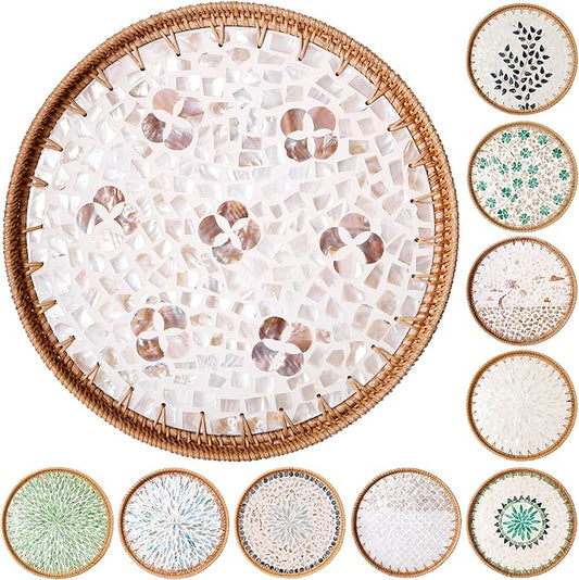 Round Rattan Tray with Mother of Pearl Inlay & Wooden Base - Decorative Wicker Serving Tray for Coffee/Bread/Fruits, Food Storage & Display - Multipurpose Home Decor (L,Four-Petal Flower)
