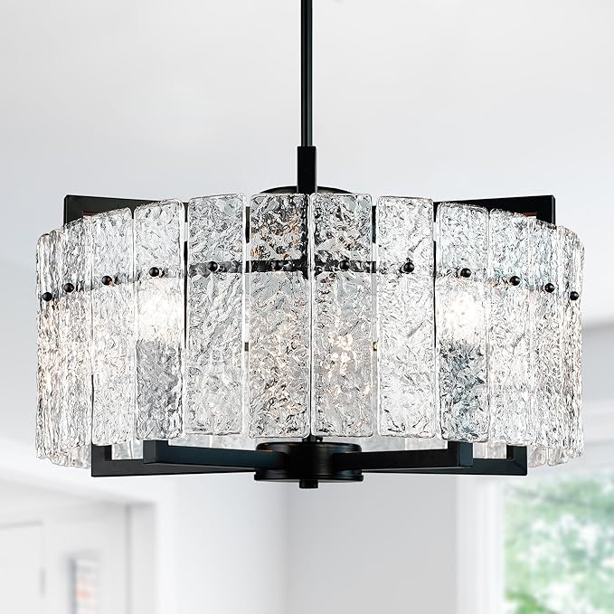 IKK Modern Black Crystal Chandeliers for Dining Room, Luxury Water Ripple Glass Light Fixture, Elegant Farmhouse Round Lighting for Kitchen Island, Bar Table, D20