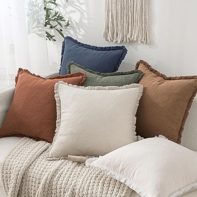 MIULEE Boho Linen Fringe Decorative Fall Throw Pillow Covers Brown 20x20 | Set - Image 7