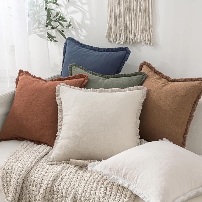 MIULEE Linen Fringe Decorative Fall Euro Throw Pillow Covers Brown 24x24 | Set - Image 7