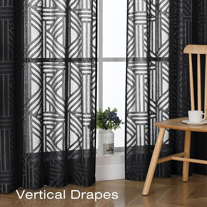 Simplebrand Black Semi Sheer Curtains 45 Inch Length 2 Panels, Geometric - Image 5