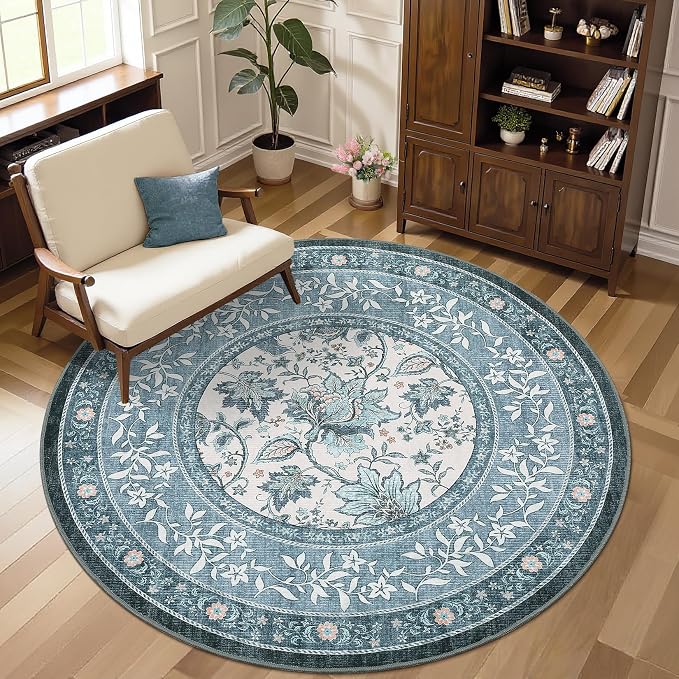 GarveeHome Misty Blue Botanical Grove 6ft Round Rug, Small Circle Vintage - Image 4