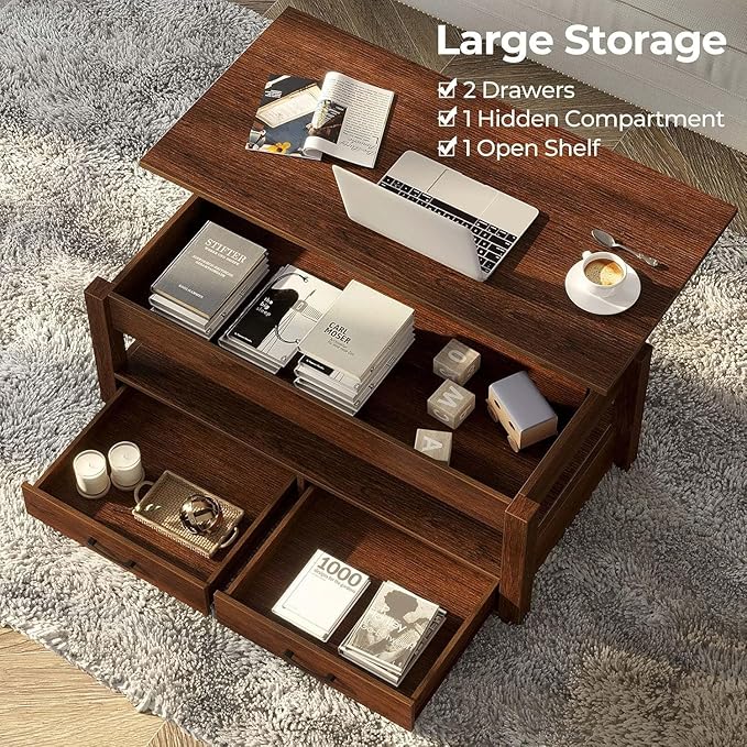 Rolanstar Coffee Table, 47.2" Lift Top Coffee Table with Drawers and Hidden Compartment, Retro Central Table with Wooden Lift Tabletop, for Living Room,Espresso