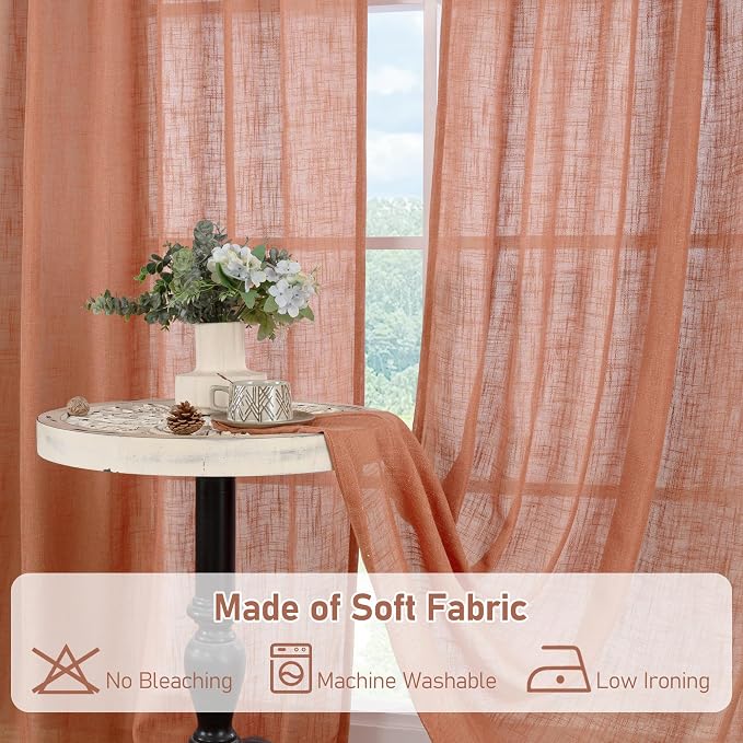 54 Inch Semi Sheer Window Linen Curtains, Light Filtering Panels | Faux Linen - Image 8