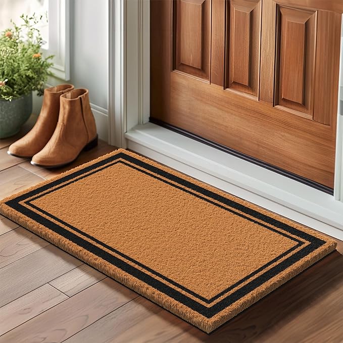Barnyard Designs Natural Coco Coir Heavy Duty Backing Doormat - Large Cute Non-Slip Front Door Welcome Mat for Outside Entrance or Porch Entry, Brown (17x30, Border)
