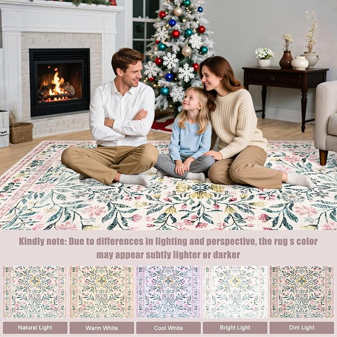 PLHXFR Round Area Rug Living Room: 4 ft Floral Washable Carpet Pink Green | - Image 9