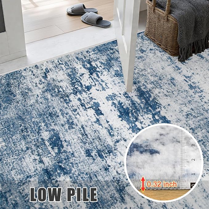 2.6x14 Washable Runner Rug:Modern Abstract Indoor Soft Carpet Blue | - Image 7