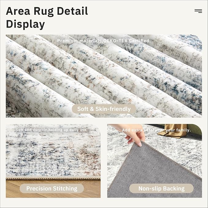 Soalmost Washable Area Rug 8x12 Large Soft Living Room Rugs Blue/Ivory | - Image 6