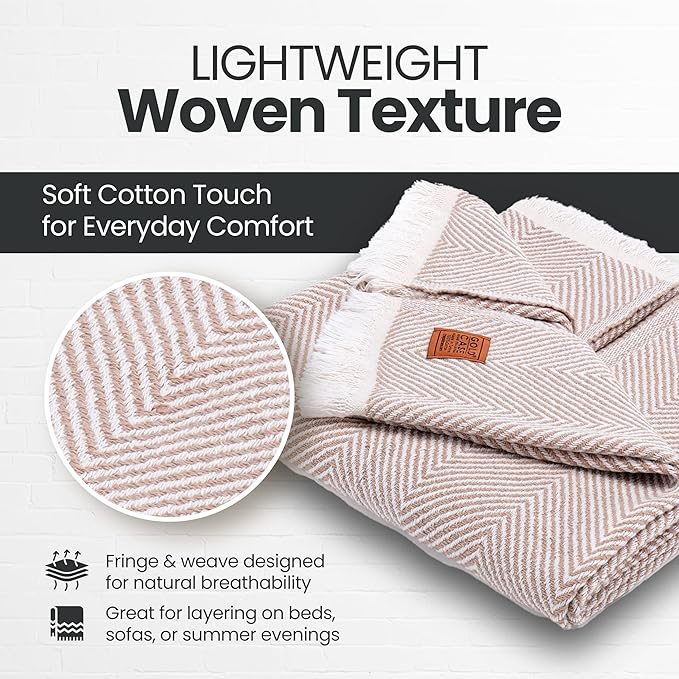 Gold Case Throw Blanket for Couch – 100% Recycled Turkish Cotton Blankets & Throws – Elegant Decorative Throw Blankets for Living Room Sofa – Woven Throws for Couch – Elegant Beige – 60x80