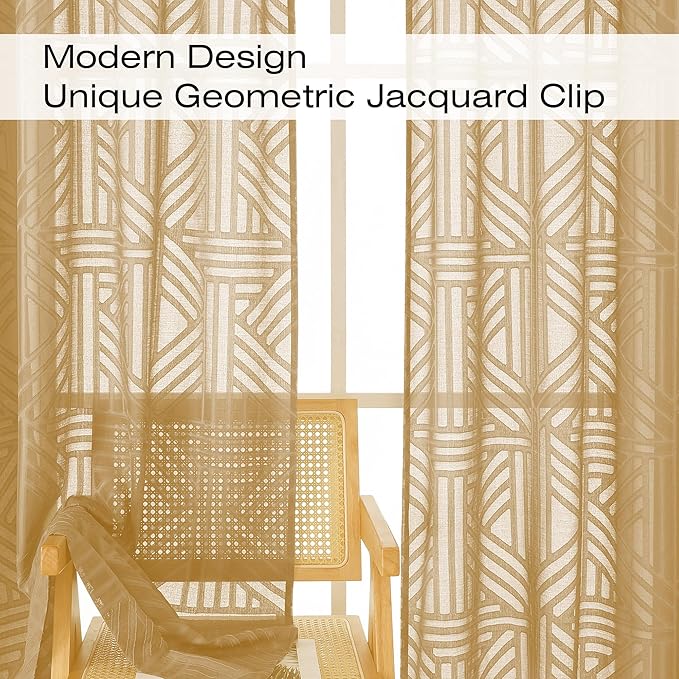 Simplebrand Gold Semi Sheer Curtains 54 Inch Length 2 Panels, Geometric - Image 3