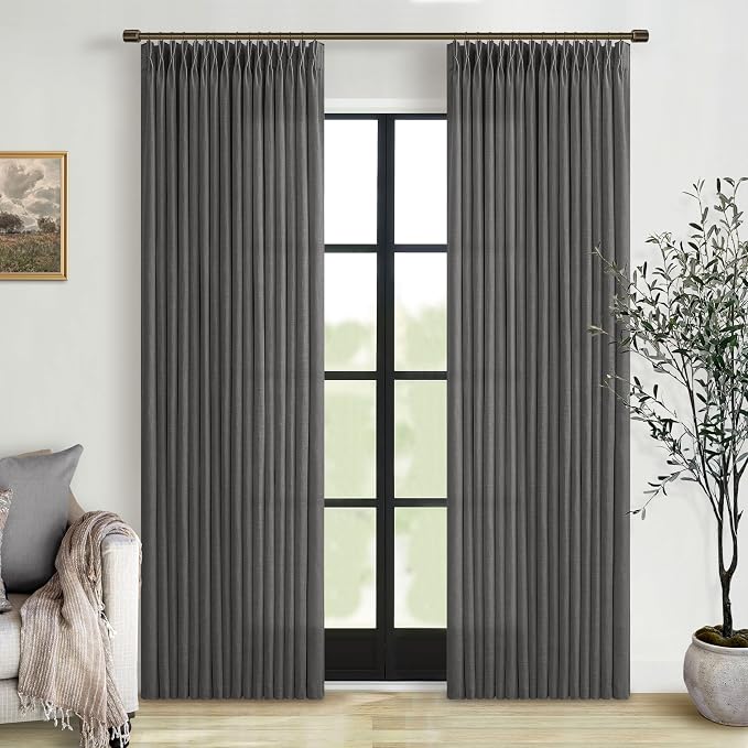 Pinch Pleat Flax Linen Semi Sheer Memory Shape Curtains Charcoal Grey 50x84 | by Twodrapes