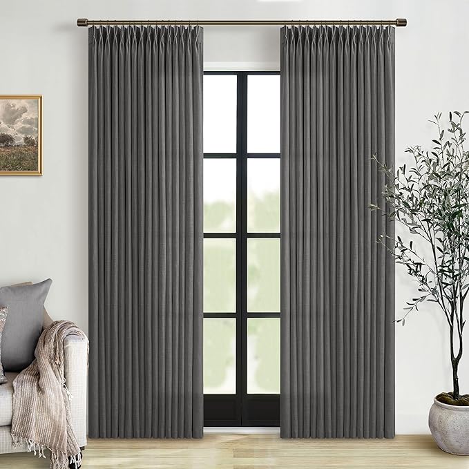 Pinch Pleat Modern Charcoal Grey Semi Sheer Thick Linen Curtains 50Wx80L | by Twodrapes