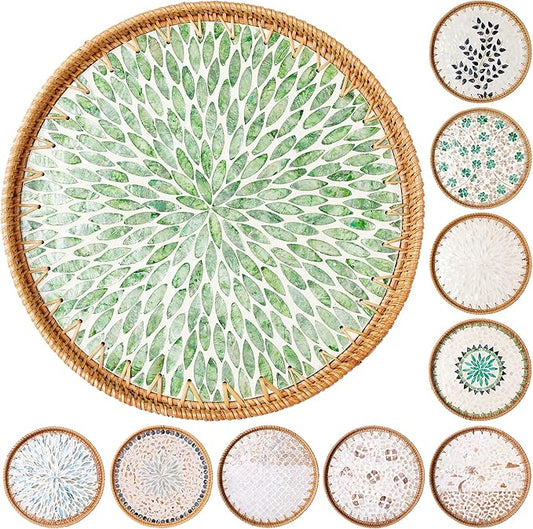 Round Rattan Tray with Mother of Pearl Inlay & Wooden Base - Decorative Wicker Serving Tray for Coffee/Bread/Fruits, Food Storage & Display - Multipurpose Home Decor (L,Green Leaves)