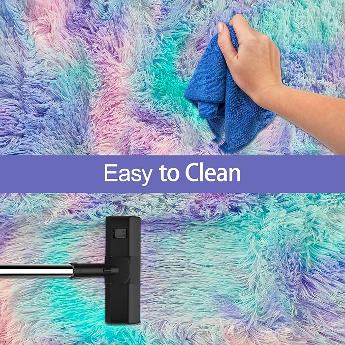 Super Soft Fluffy Living Room Area Rug 2x5 ft Purple Rainbow Tie-Dyed Shaggy - Image 7